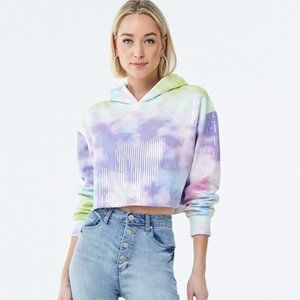 Forever 21 Pastel Rainbow Tie Dye Cropped Sequin Hoodie Size Small